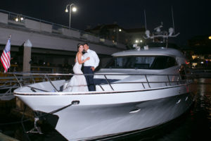 Downtown Tampa Wedding Bride and Groom Outdoor Portrait on Marina Boat