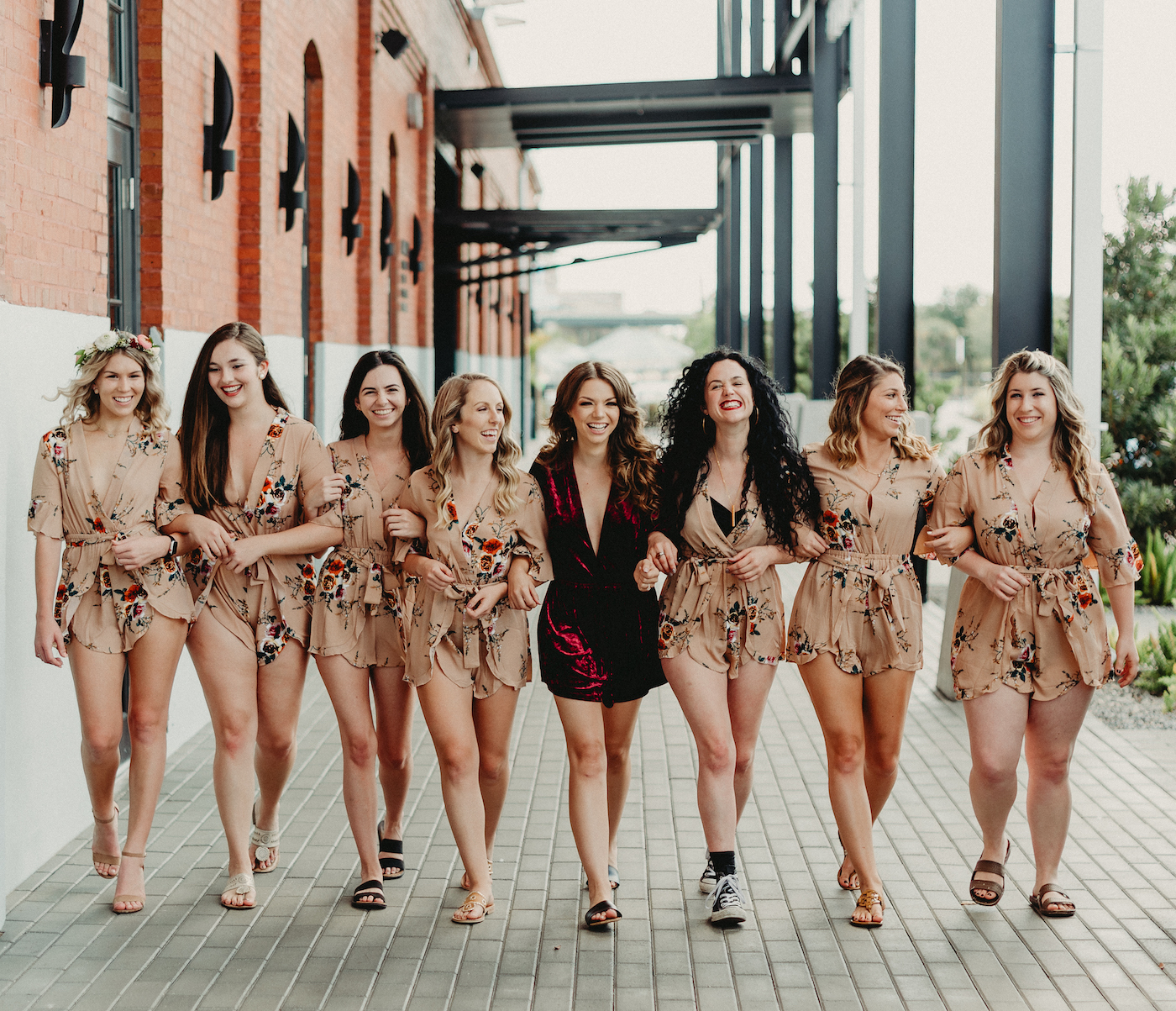 Bride and Bridesmaids Portrait Shot | Bridesmaid Khaki Taupe Burgundy Red Floral Rompers | Dewitt for Love Photography
