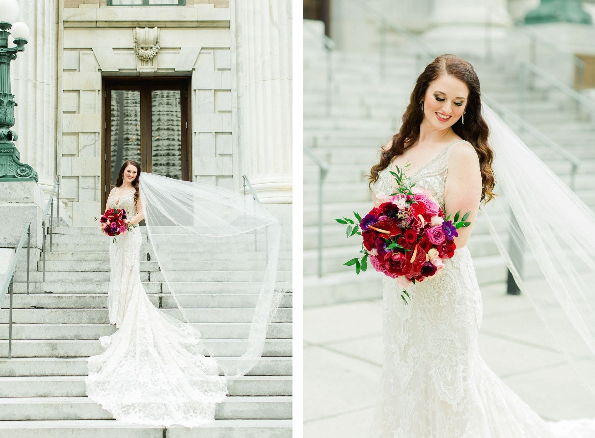 Outdoor Staircase Downtown Tampa Bridal Portrait | Bride Wearing Embroidered Rhinestone Circle Veil | Rhinestone Embroidered Wedding Dress Bridal Gown | Bright Colorful Pink and Red Wedding Bridal Bouquet with Roses and Flamingo Lilies Anthurium
