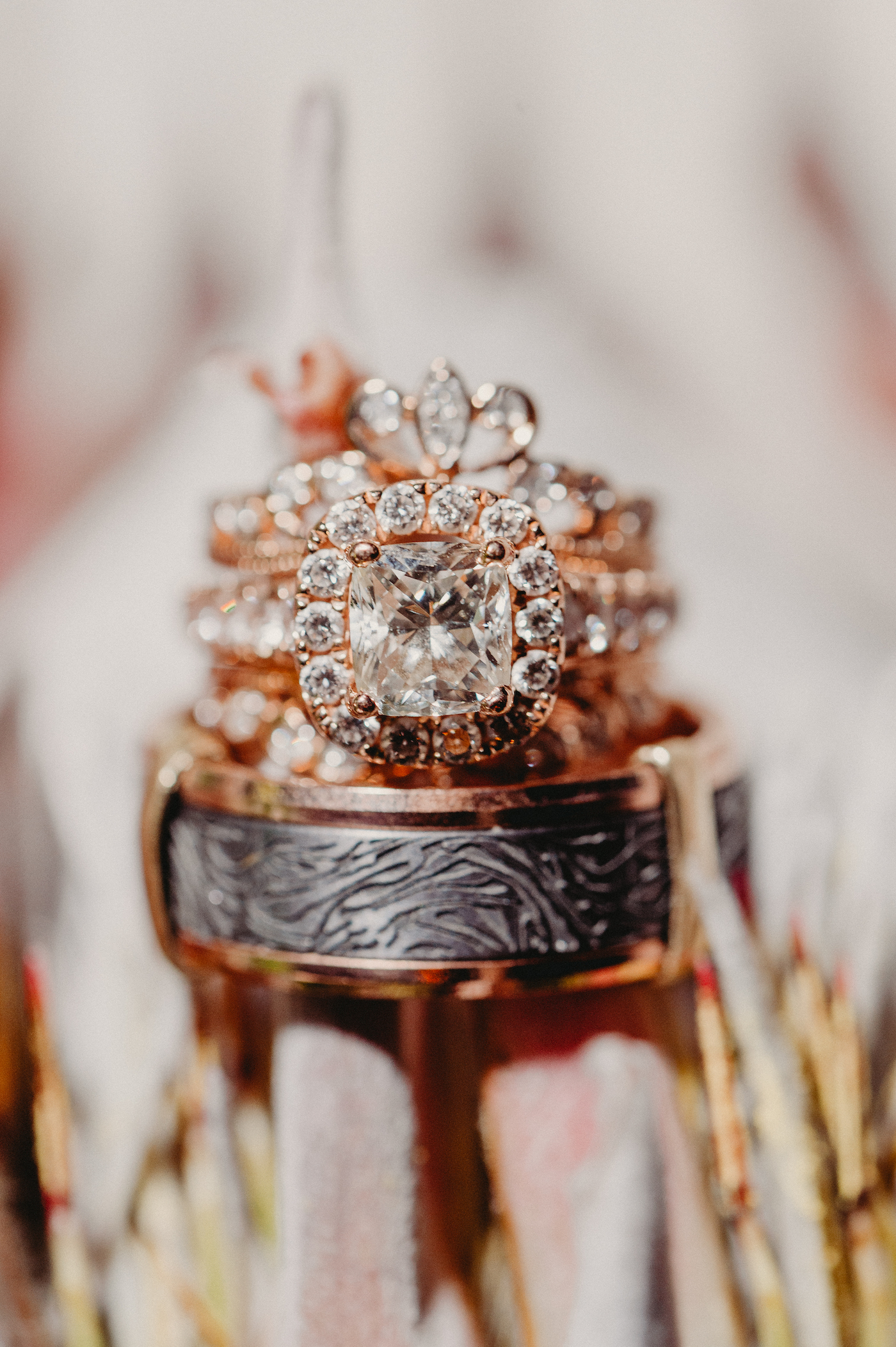 Wedding Ring Shot | Carved Etched Metal Groom Wedding Band | Vintage Rose Gold Halo Wedding Engagement Ring