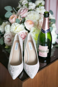 Wedding Accessories Bridal Shoes Steve Madden Glitter Heels Pumps | Blush and White Wedding Bouquet with Roses and Peonies | Chandon Sparkling Wine Champagne