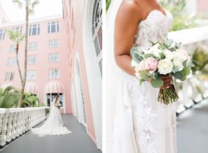 Romantic Florida Bride Holding Classic Bridal Bouquet, With Blush Pink Roses, Ivory Flowers, Eucalyptus Leaves, Bride Wearing Isabel O’Neil Bridal Collection Lace Wedding Dress | St. Petersburg Wedding Venue The Don CeSar | Florida Wedding Photographer Lifelong Photography Studio | Tampa Bay Wedding Florist Monarch Events and Design