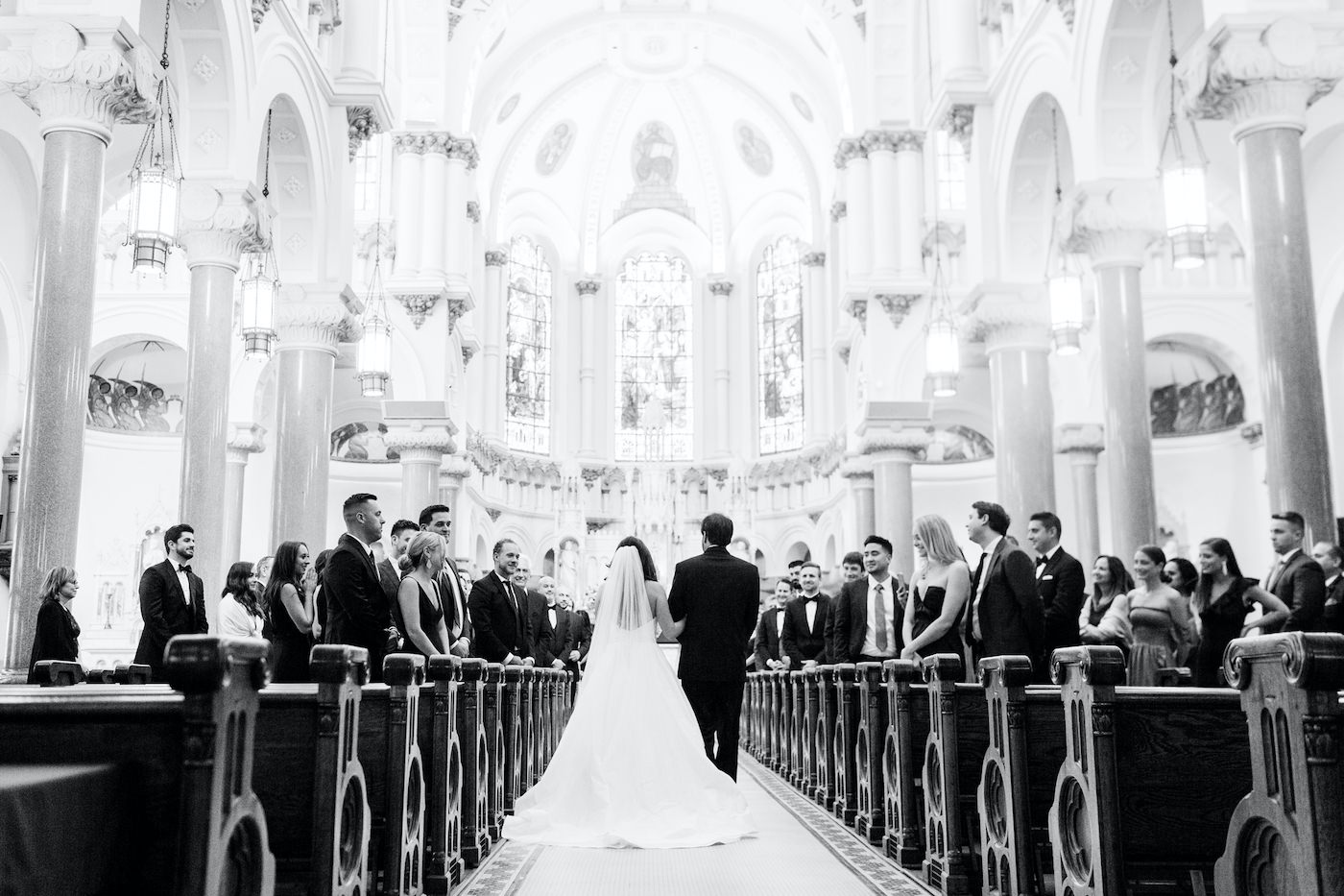 Traditional Bride and Father Walking Down the Wedding Ceremony Aisle in Church | Tampa Bay Wedding Venue Sacred Heart Catholic Church