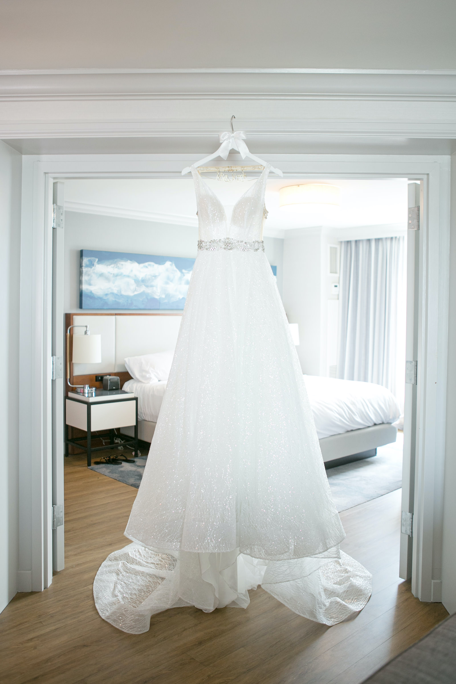 Bridal Gown Wedding Dress Hanger Shot | V Neck Illusion Lace A Line Ballgown with Rhinestone Waist Band