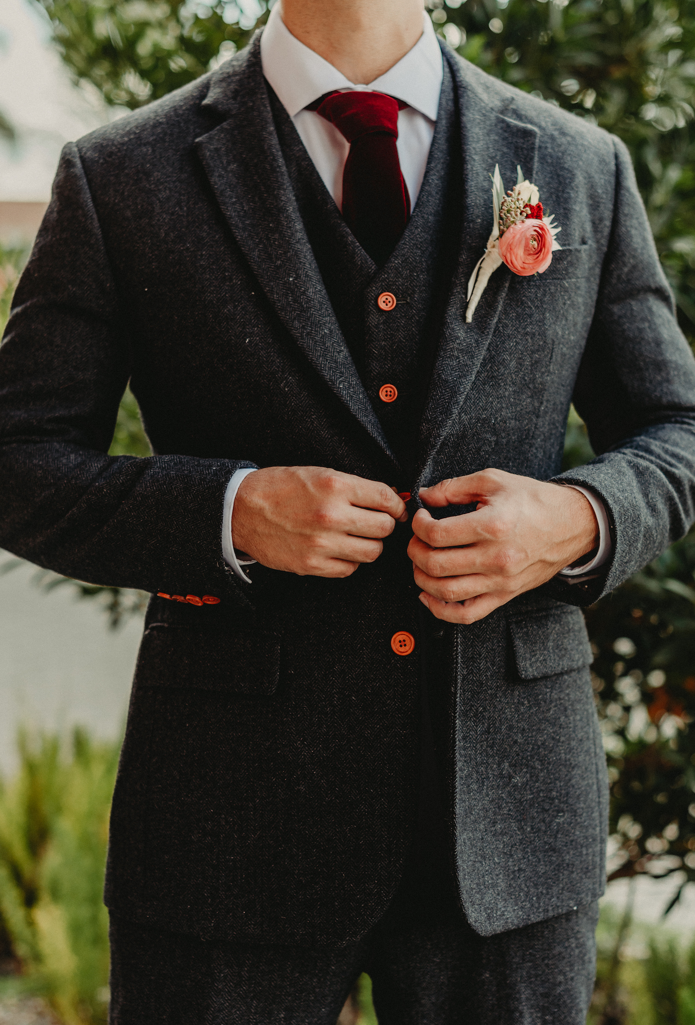 Charcoal Grey Wool Groom Suit with Burgundy Maroon Red Neck Tie