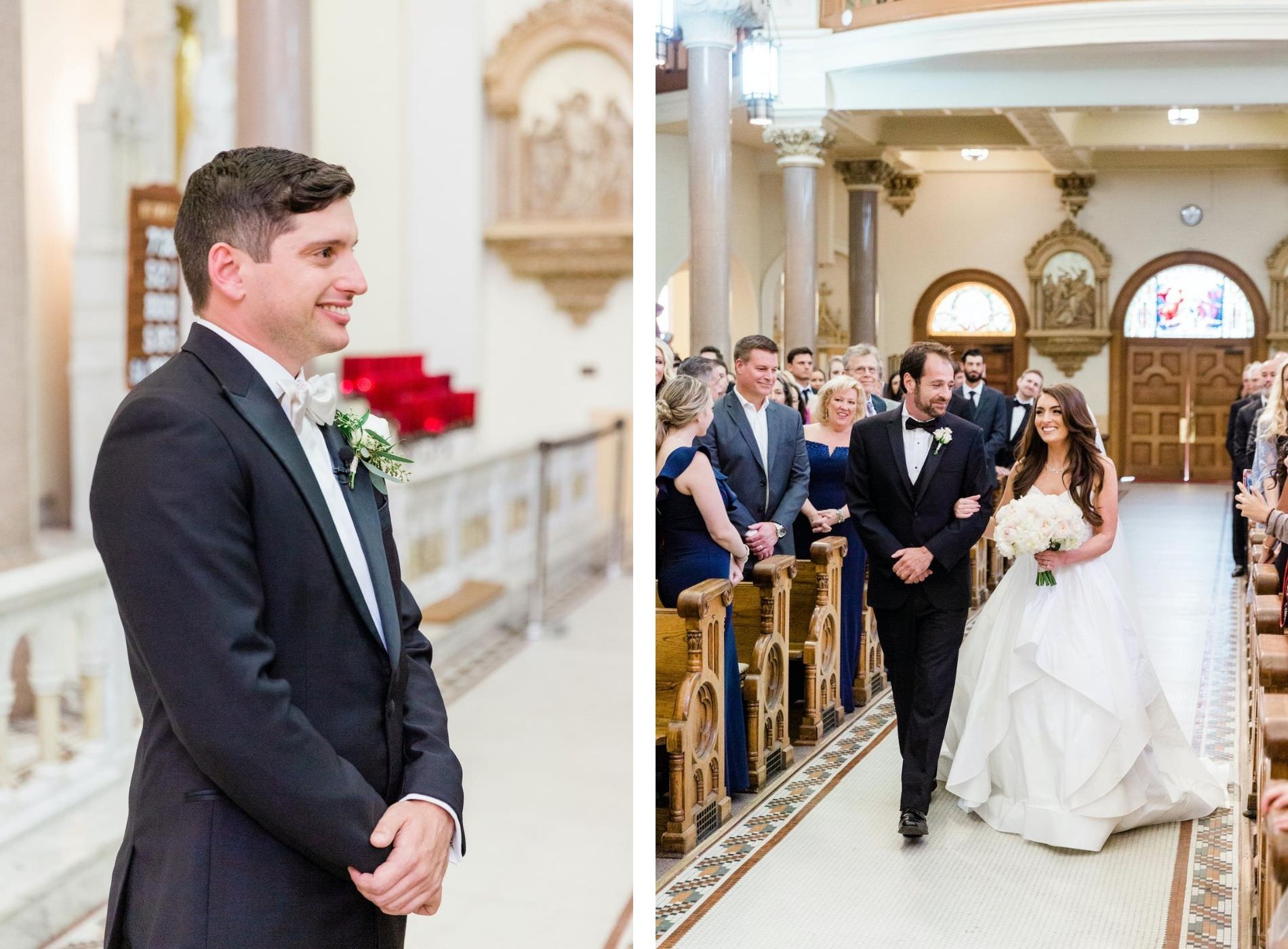 Florida Grooms Reaction to Bride Walking Down the Wedding Ceremony Aisle with Father Portrait | Tampa Bay Traditional Wedding Venue Sacred Heart Catholic Church