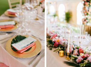 Elegant Tropical Wedding Reception Decor, Gold Chargers with Monstera Palm Tree Leaf and Custom Menu, Pink Linen Napkin, Gold Candlesticks, Lush Floral Table Runner | Tampa Bay Wedding Planner NK Weddings