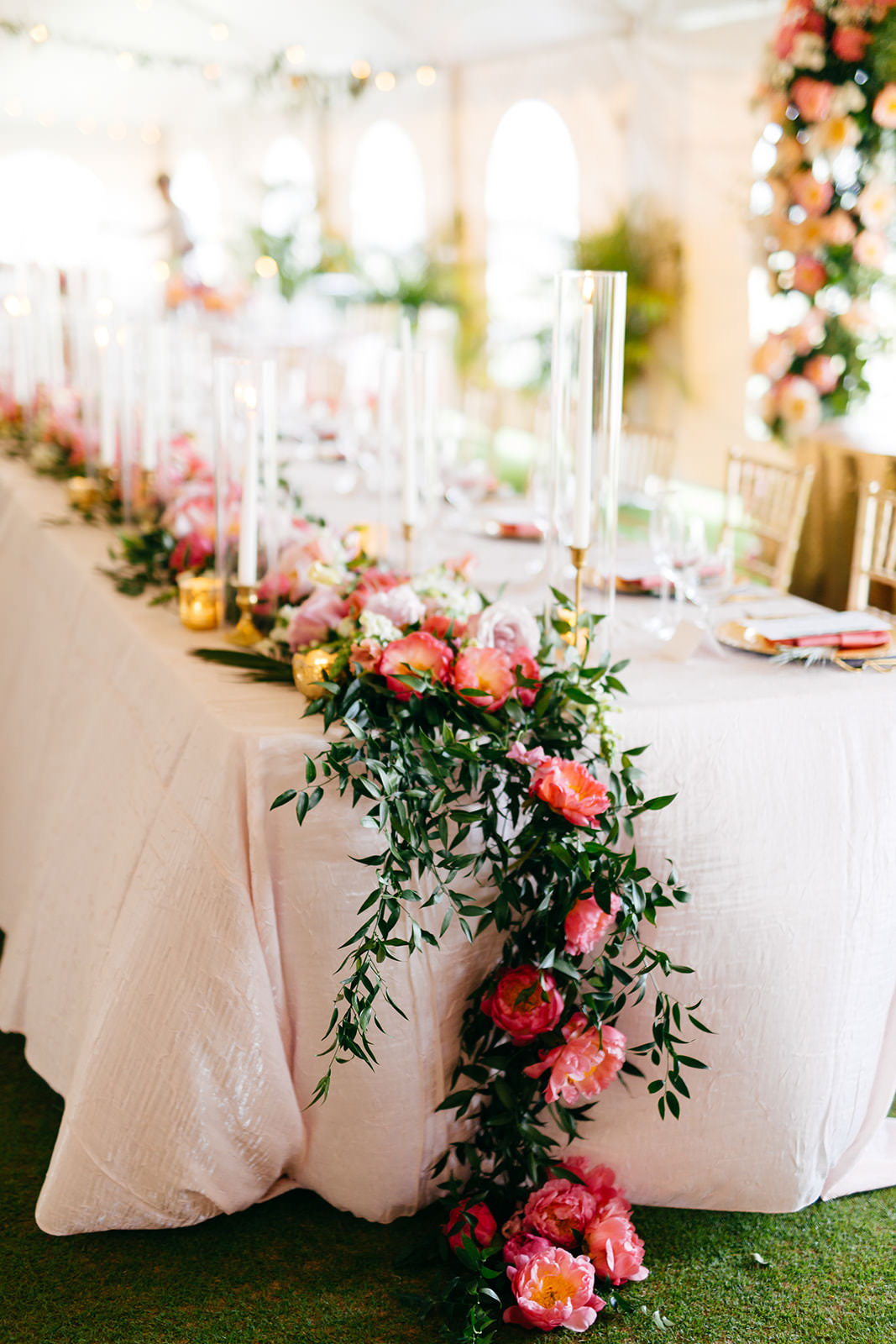 Elegant Tropical Wedding Reception Decor, Lush Pink and Coral with Greenery Floral Table Runner, Gold Candlesticks | Tampa Bay Wedding Planner Nk Weddings