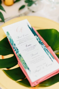 Elegant Tropical Wedding Reception Decor, Custom Menu, Monstera Leaf and Gold Charger | Tampa Bay Wedding Planner NK Weddings