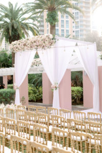 Romantic Outdoor Wedding Ceremony and Decor, Luxury Chuppah with Ivory and Blush Pink Roses, Floral Arrangements with Elegant White Flowers, Gold Rented Antique Chairs | St. Petersburg Wedding Planner Parties A' La Carte | Florida Destination Wedding Resort The Vinoy Renaissance, Tea Garden