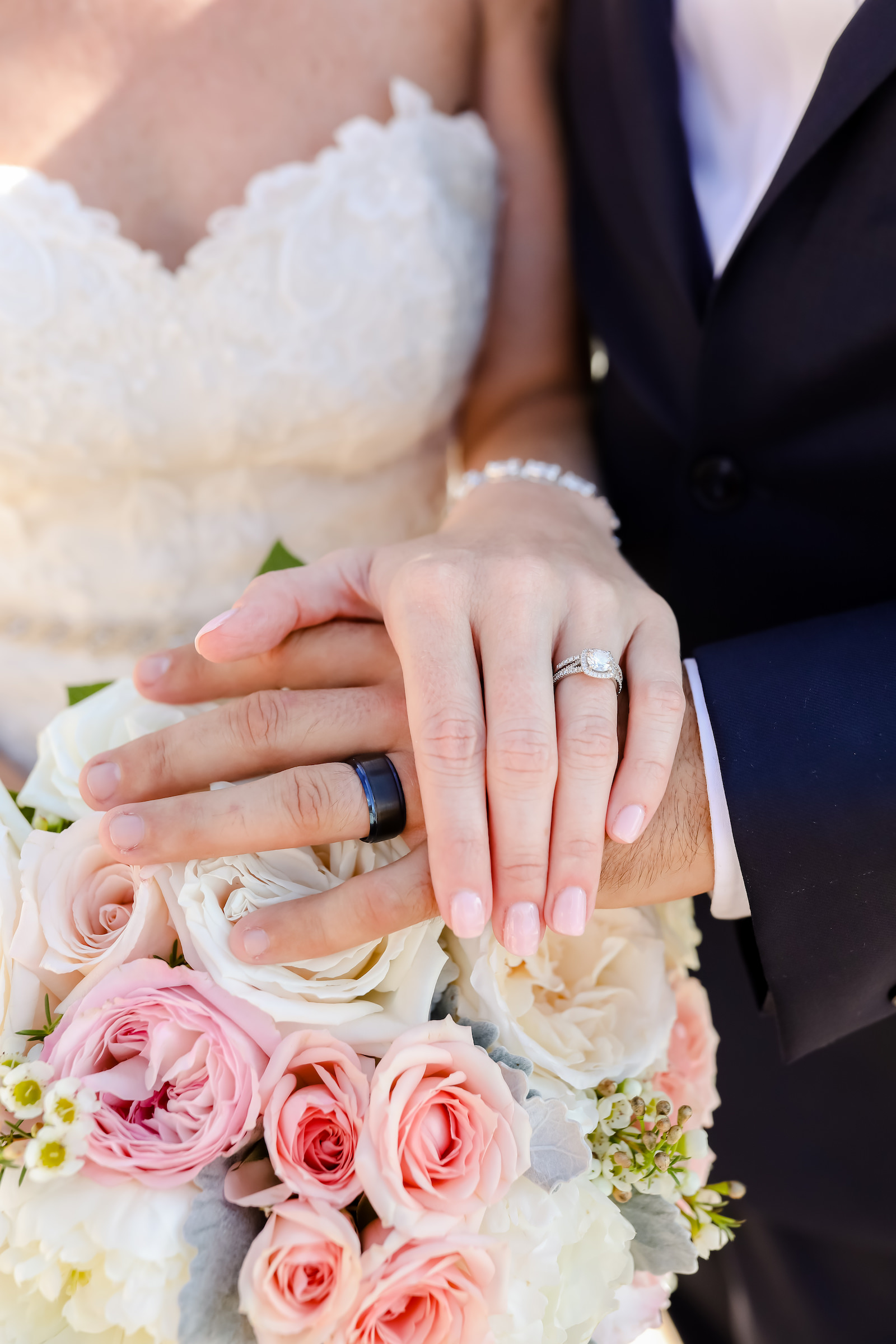 Wedding Rings Shot | Blush Pink Rose and White Garden Rose Bridal Bouquet