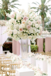 Romantic Tampa Bay Outdoor Garden Wedding Ceremony and Decor, Luxury Ivory and Blush Pink Floral Arrangements with Roses, Gold Napoleon Chairs | St. Petersburg Wedding Planner Parties A'La Carte | Florida Destination Wedding Resort The Vinoy Renaissancd, Tea Garden