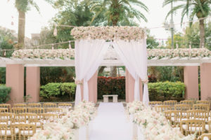 Romantic Outdoor Wedding Ceremony and Decor, Luxury Chuppah with Ivory and Blush Pink Roses, Floral Arrangements with Elegant White Flowers, Gold Napoleon Chairs | St. Petersburg Wedding Planner Parties A La Carte | Florida Destination Wedding Resort The Vinoy Renaissance, Tea Garden