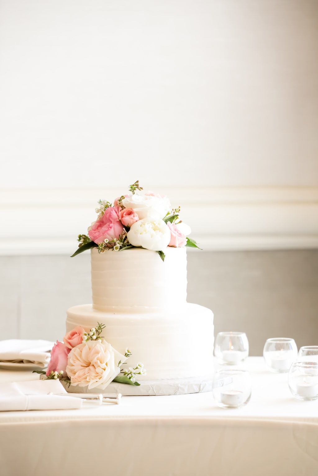 Simple Classic Two Tier Round Buttercream Wedding Cake with Fresh Flower Blush Pink Roses and White Garden Roses