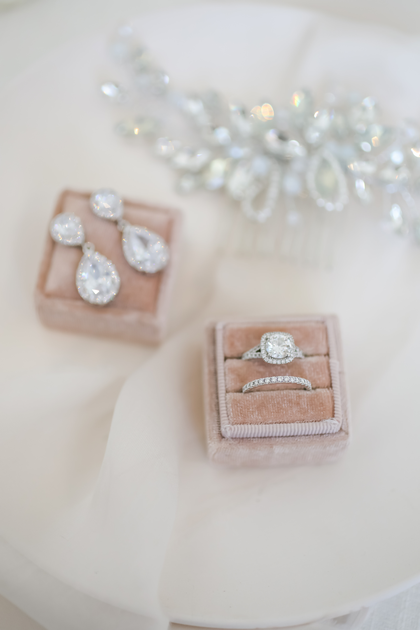 Blush Pink Velvet Ring Box with Square Diamond Cushion Cut Engagement Ring | Diamond Teardrop Chandelier Earrings
