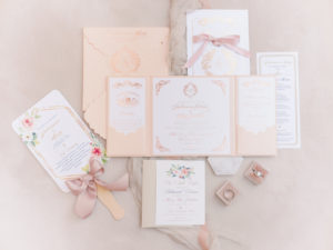 Romantic, Pink Floral Wedding Invitation Suite with Luxurious Rose Gold Foil, Ivory Card Paper, and Elegant Script , Wedding Program and Personal Fan with Blush Ribbon Accent