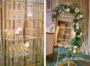 Elegant Florida Wedding Reception Decor, Rose Gold Mirrored Welcome Sign with Romantic Rose Garland Floral Accents, Champagne Wall | Tampa Bay Wedding Planner Parties A La Carte | Downtown St. Petersburg Wedding Venue and Historic Resort The Renaissance Vinoy