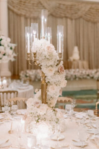 Elegant Modern Florida Wedding Reception Decor, Round Tables with Tall Cascading Floral Centerpieces, Romantic Garden-Inspired Decorations with Luxurious White Hydrangeas and Snapdragons Flowers, Blush Pink Roses, and Tall Taper Candles, Champagne Table Linens, Modern Gold Napoleon Chairs | Tampa Bay Wedding Planner Parties A La Carte | Downtown St. Petersburg Wedding Venue and Historic Resort The Renaissance Vinoy, The Grand Ballroom