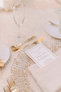 Modern, Romantic Inspired Wedding Decor at Reception, Gold Detail Place Setting with Acrylic Chargers, Printed Stationary Menu, Gold Flatware, Champagne Table Linens | Florida Luxury Wedding Planner Parties A La Carte | Tampa Bay Wedding Venue and Resort The Renaissance Vinoy