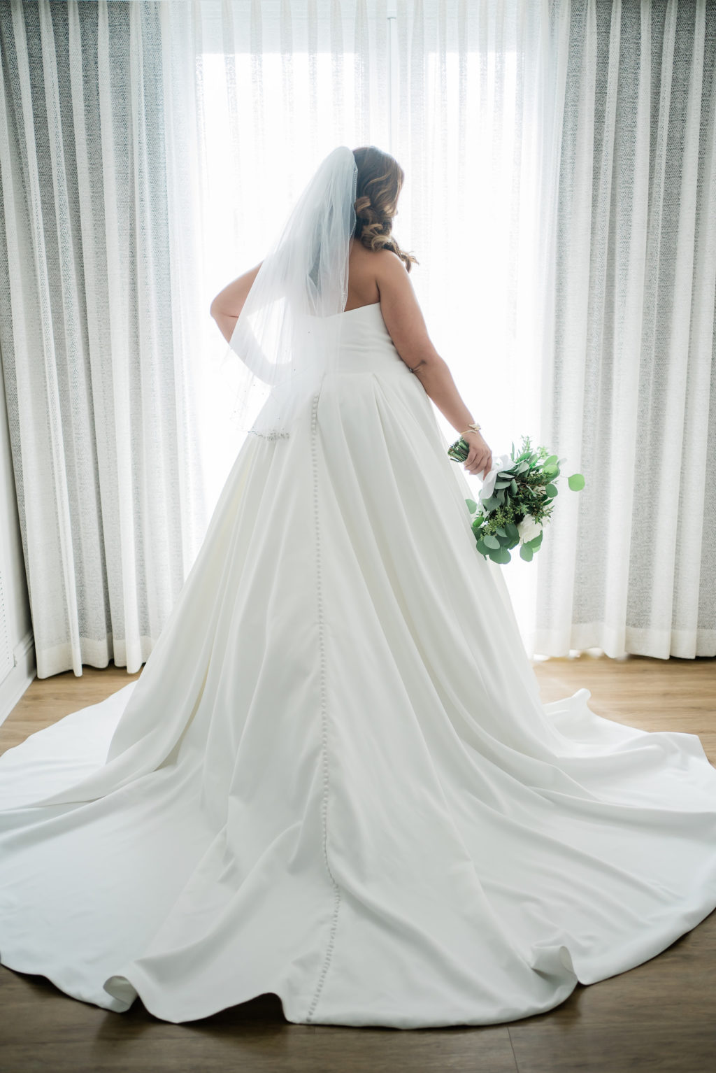 Ivory Private Collection Simple Classic Sweetheart Neckline Strapless A Line Wedding Dress Bridal Gown with Buttons and Pockets by Truly Forever Bridal Tampa | Eucalyptus Greenery and White Rose Bridal Bouquet