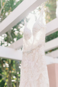 Romantic Hanging Wedding Dress with Lacy Overlay, Eve of Milady at Kleinfeld Bridal | Florida Wedding Resort and Venue The Renaissance Vinoy in Downtown St. Petersburg