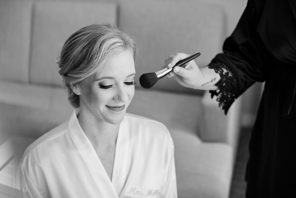 Black and White Wedding Photography | Bride Getting Ready on Wedding Day with Hair and Makeup | Tampa Wedding Hair and Makeup Artists Michele Renee The Studio
