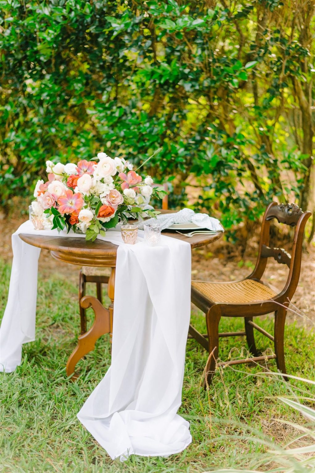 Tampa Bay Private Residence Wedding, Romantic Backyard Intimate Reception with Wooden Antique Household Furniture for Sweetheart Table, Decorated with Lush Bridal Bouquet with Triadic Color Scheme, pink, peach and ivory florals, White Linen Draping | Tampa Bay Wedding Planner, Designer, Florist John Campbell Weddings | Styled Shoot