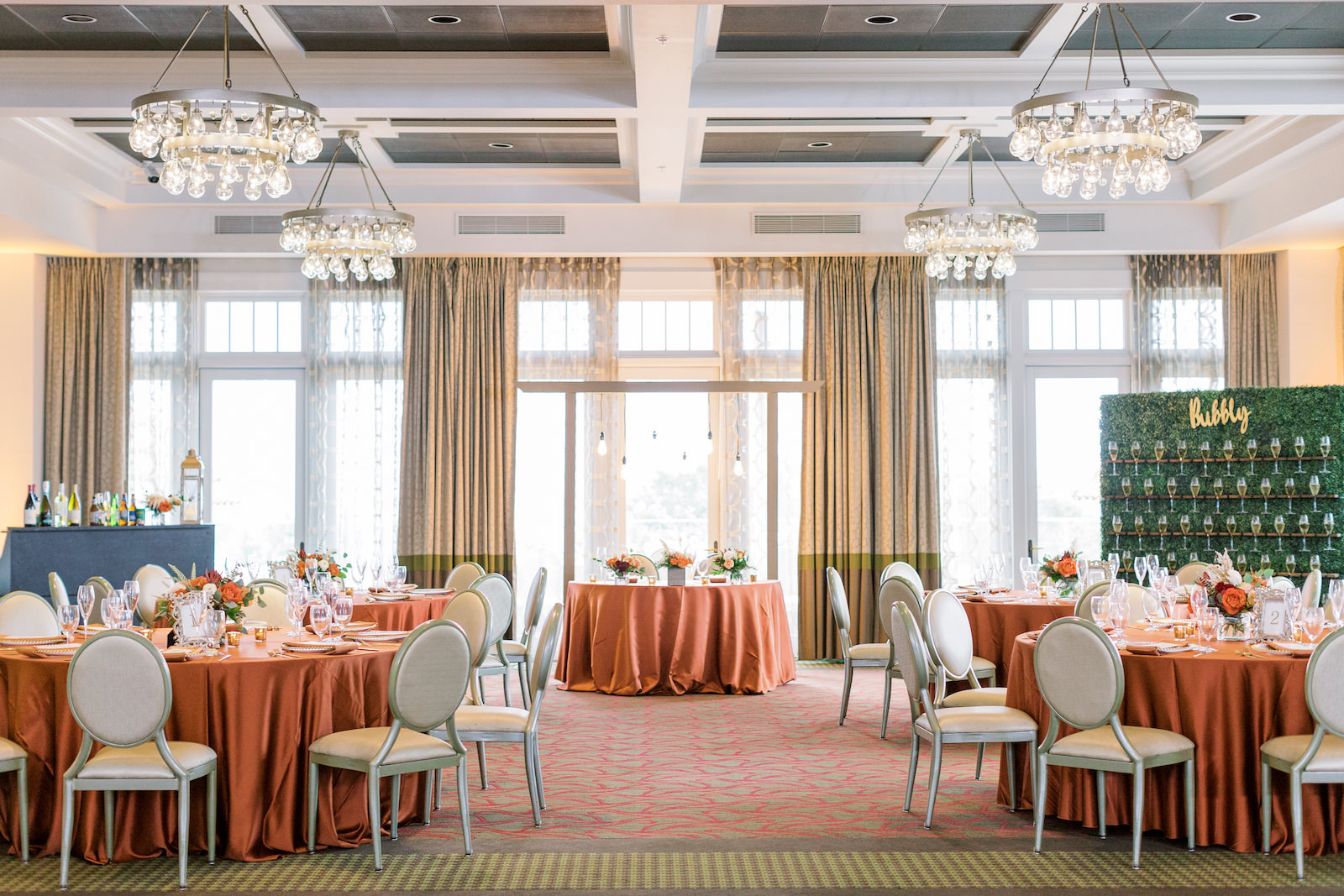 St. Pete Wedding Venue The Birchwood | Intimate Micro Wedding Elopement COVID Styled Shoot | Fall Autumn Wedding Inspiration | Indoor Hotel Ballroom Reception with Orange Copper Wedding Table Linens | Outside the Box Event Rentals | Breezin' Weddings
