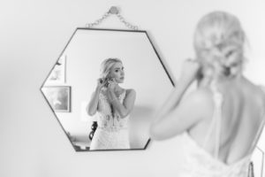 Tampa Bay Bride Getting Ready Photo, Wearing Romantic Open Back Eve of Milady Wedding Dress from Kleinfeld Bridal, Elegant Florida Bridal Hair and Makeup with Swept Back Up Do