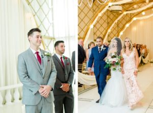 Bride Walking Down the Aisle with Mother and Father during Fairy Tale Clearwater Florida Wedding | Blush Pink Long Lace Mother of the Bride Dress | Blue Father of the Bride Suit | Groom Wearing Classic Silver Grey Suit with Burgundy Tie