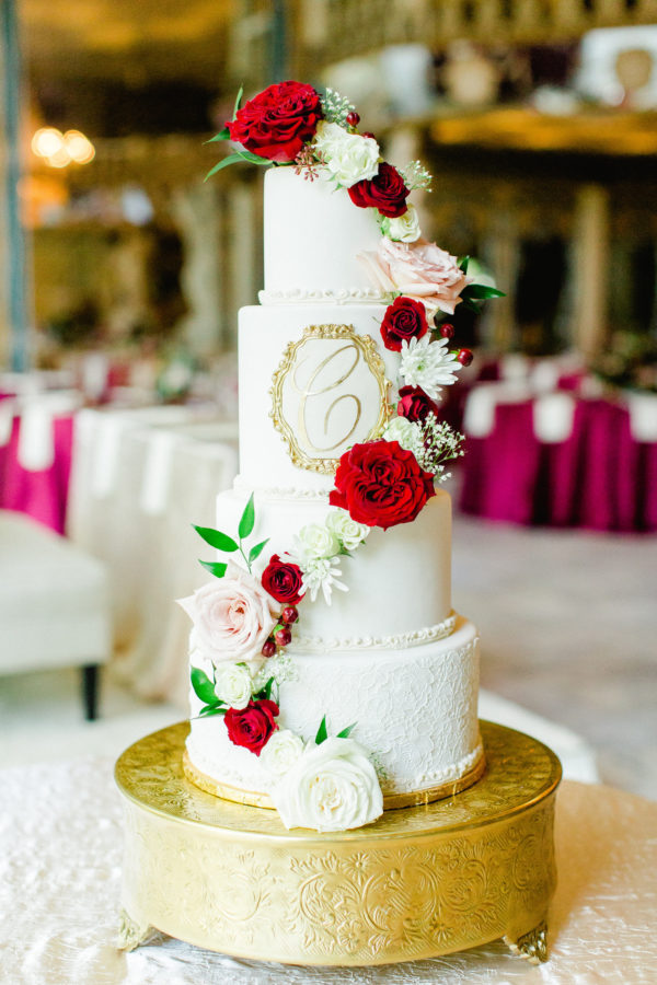 4 Tier Fondant Lace Wedding Cake with Gold Monogram and Cascade of ...