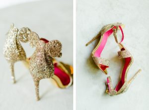 Tampa Fairy Tale Disney Wedding Bridal Shoes | Gold Glitter Sparkle Minnie Mouse Ears Strappy Heels