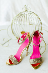 Tampa Fairy Tale Disney Wedding Bridal Shoes | Gold Glitter Sparkle Minnie Mouse Ears Strappy Heels with Cinderella Coach