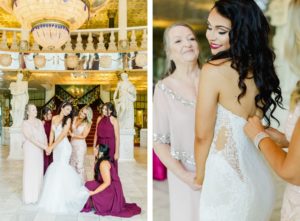 Bride Getting Dressed and Ready with Bridesmaids and Mother | Mermaid Fitted Lace Sweetheart Wedding Gown with Tulle Skirt and Sheer Illusion Panels from Tampa Dress Shop Isabel Oneil Bridal Collection | Burgundy and Blush Pink Bridesmaid Dresses by JJ's House from Tampa Dress Shop Nikki's Glitz and Glam Boutique