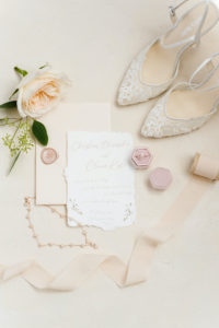 Elegant Bridal Accessories, White and Gold Font Ripped Paper Stationery Wedding Invitation, Pink Velvet Ring Box, Lace Pointed Toe Wedding Shoes | Tampa Bay Wedding Planner Elegant Affairs by Design | Styled Shoot