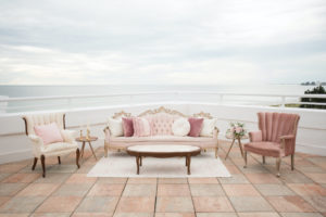 Romantic, Classic Antique Wedding Furniture, Blush Pink and Gold Frame Couch with Velvet Pillows, Antique White Wooden Coffee Table, White Rug | St. Petersburg Historic Waterfront Wedding Venue The Pink Palace, Don Cesar Styled Wedding | Tampa Bay Wedding Planner Elegant Affairs by Design | Table Design Kate Ryan Event Rentals