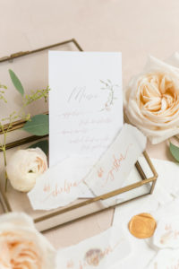 Elegant Classic White and Rose Gold Wedding Stationery in Glass Box | Styled Shoot