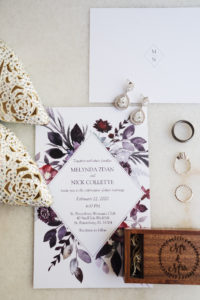 Vintage Florida Inspired Wedding Invitation, Purple Watercolor Print, Custom Mr. and Mrs. Wooden Ring Box, Tear Drop Diamond Earrings, Brushed Steel Wedding Band, Engagement and Wedding Ring, Betsy Johnson Bridal Shoes | Tampa Bay Wedding Planner Special Moments Event Planning | Grind & Press Photography