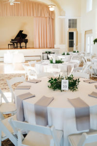 Tampa Bay Modern Minimalist Wedding Reception and Decor, Round Tables with Dusk Linens, Low Centerpieces with Greenery and Candles, Simple Script Table Number, St. Petersburg Women's Club | Tampa Bay Day of Coordinator Special Moments Event Planning