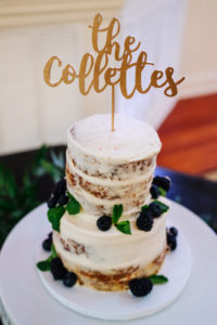 Modern Minimalism Wedding Semi Naked Iced Cake with Dark Blue Berry Accents, Custom Gold Cake Topper with Last Name