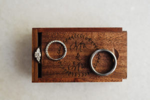 Modern Minimalist Inspired Wedding Details, Wooden Ring Box with Mr. and Mrs. Custom Engraved. Three Stone Diamond Engagement Ring
