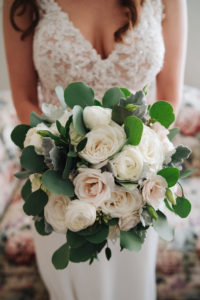 Tampa Bay Bride Holding Modern Floral Wedding Bouquet with Ivory Roses, Blush Pink Flowers and Greenery | Florida Wedding Planner Special Moments Event Planning