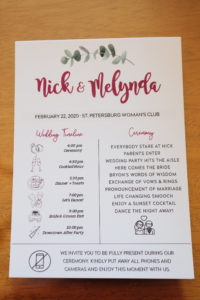 Modern Minimalist Wedding Brochure and Timeline, Greenery Watercolor with Bright Pink Accent, No Cellphones During Ceremony Verbiage, Kindly Put Away All Phones and Cameras and Enjoy This Moment With Us | Tampa Bay Wedding Day of Coordinator Special Moments Event Planning in St. Petersburg, Florida | February 22, 2020