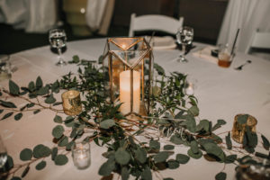 Modern Gold Geometric Candle Holders and Eucalyptus on Wedding Reception Table Decor | Tampa Bay Wedding Planner Coastal Coordinating