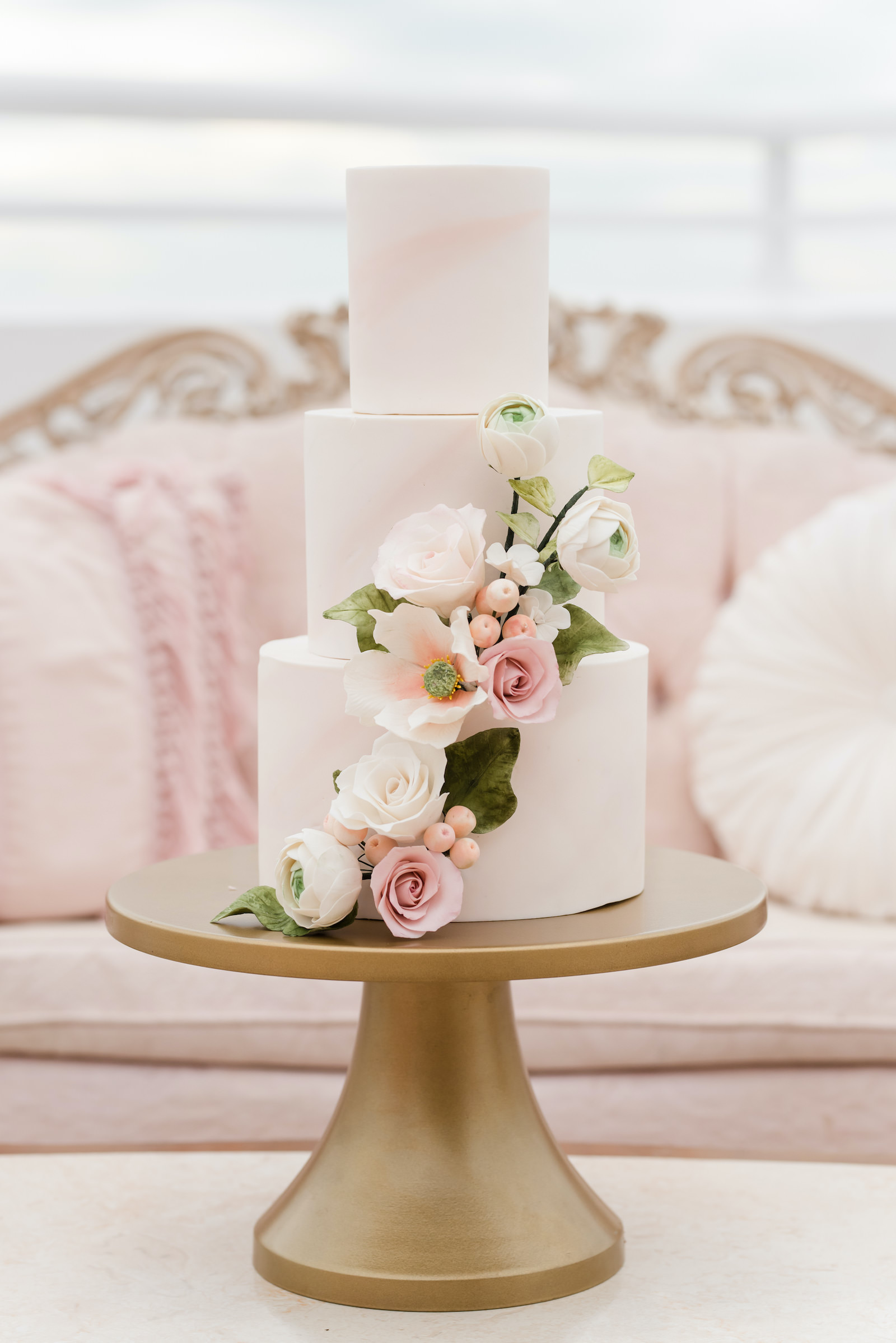Elegant Three Tier Blush Pink Marble Wedding Cake with Cascading Flowers | Tampa Bay Cake Company | Don Cesar Styled Wedding