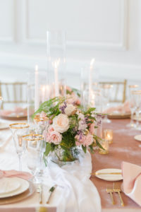 Romantic Wedding Reception Decor, Pastel Floral Centerpiece, Ivory and Blush Pink Roses, Lilac Florals, Greenery, Gold Candlesticks, Pink Table Linens, Gold Chargers and Silverware | Tampa Bay Wedding Planner Elegant Affairs by Design | Table Design Kate Ryan Event Rentals | Don Cesar Styled Wedding