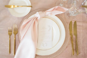 Classic Elegant Wedding Reception Decor, Pink Table Linens, Gold Rimmed Plates, Clear Crystal Charger, Gold Silverware, Blush Pink Ribbon and Custom Menu | Tampa Bay Wedding Planner Elegant Affairs by Design | Table Design Kate Ryan Event Rentals | Don Cesar Styled Wedding