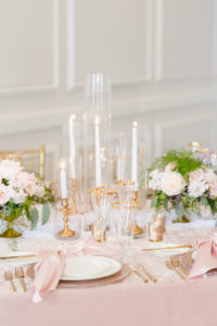 Elegant Classic Wedding Reception Decor, Pink Table Linen, Gold Candlesticks, Pastel Floral Centerpieces with Ivory and Blush Pink Roses with Greenery | Tampa Bay Wedding Planner Elegant Affairs by Design | Table Design Kate Ryan Event Rentals | Don Cesar Styled Wedding