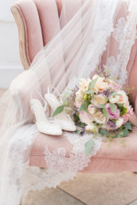 Classic Romantic White Lace Pointed Toe White Bridal Shoes, Delicate Lace Veil, Pastel Bridal Floral Bouquet, Ivory and Lilac Roses with Greenery | Tampa Bay Wedding Planner Elegant Affairs by Design | Don Cesar Styled Shoot | Truly Forever Bridal