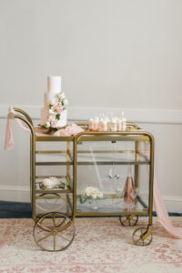 Classic Wedding Reception Decor, Antique Gold Bar Cart with Three Tier Blush Pink Marble Wedding Cake and Desserts | St. Pete Wedding Planner Elegant Affairs by Design | Tampa Bay Cake Company | Don Cesar Styled Wedding